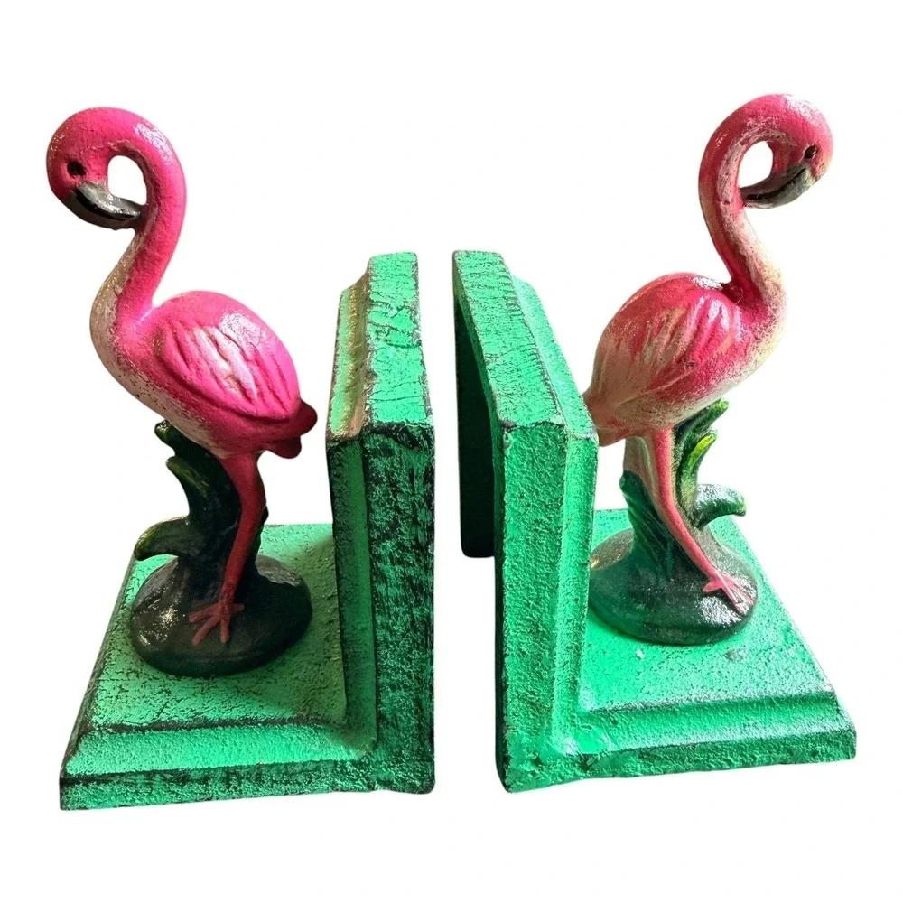 Pink Flamingo Cast Iron Bookends Pair Tropical Coastal Vintage Style